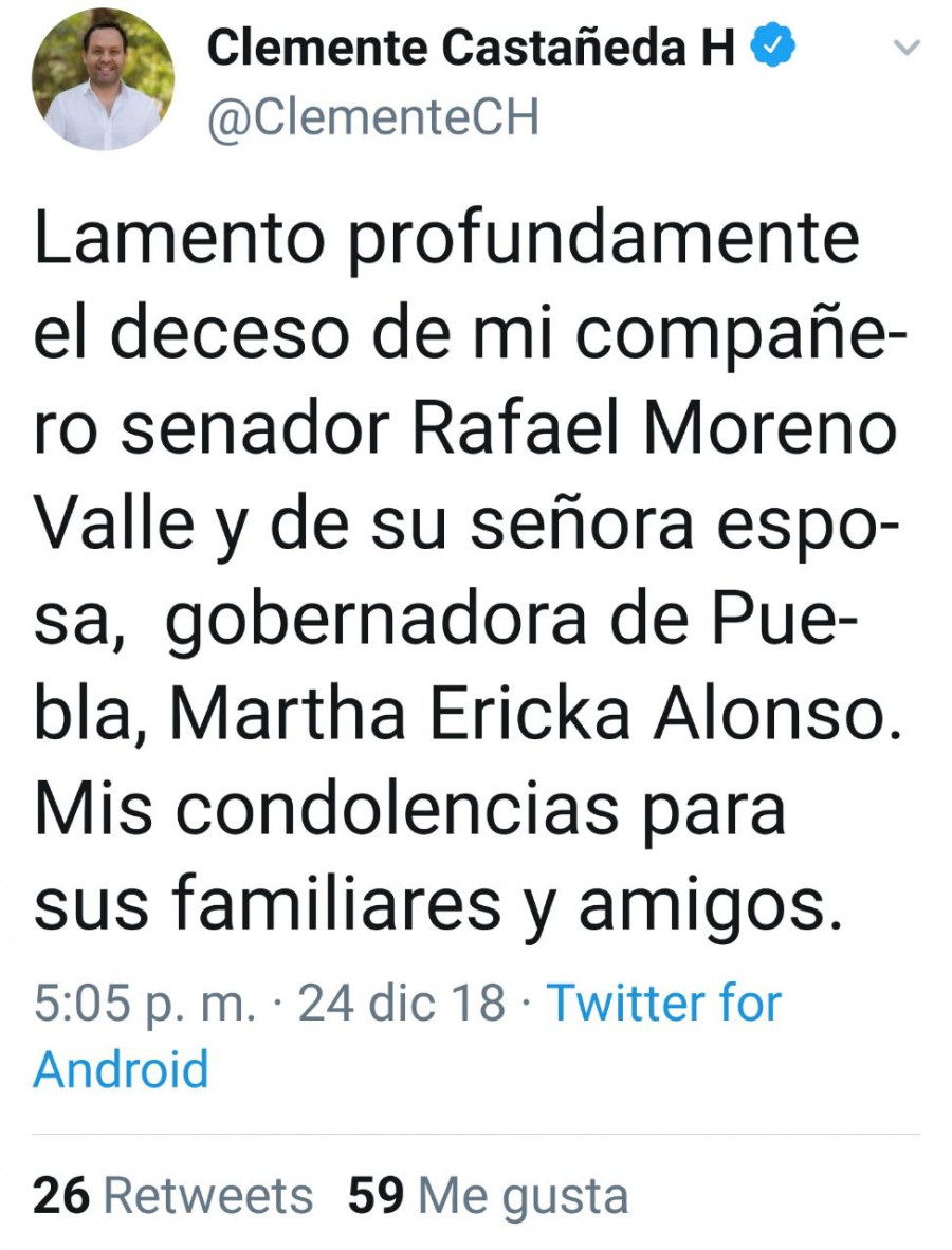 Políticos reaccionan ante fallecimiento de Martha Erika Alonso y Rafael Moreno Valle