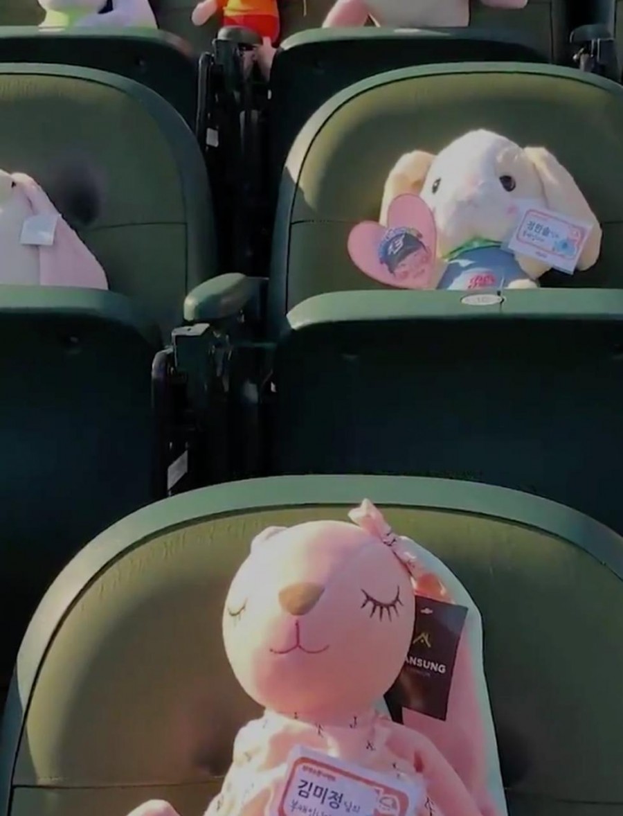 Ante falta de afición, peluches observan los partidos de béisbol