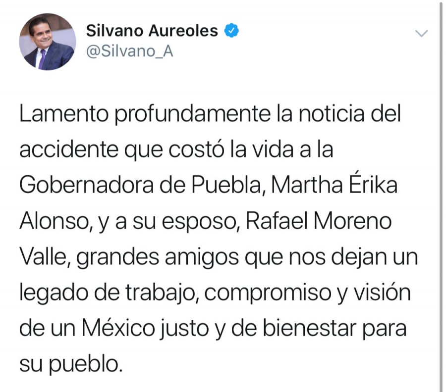 Políticos reaccionan a fallecimiento de Moreno Valle y esposa