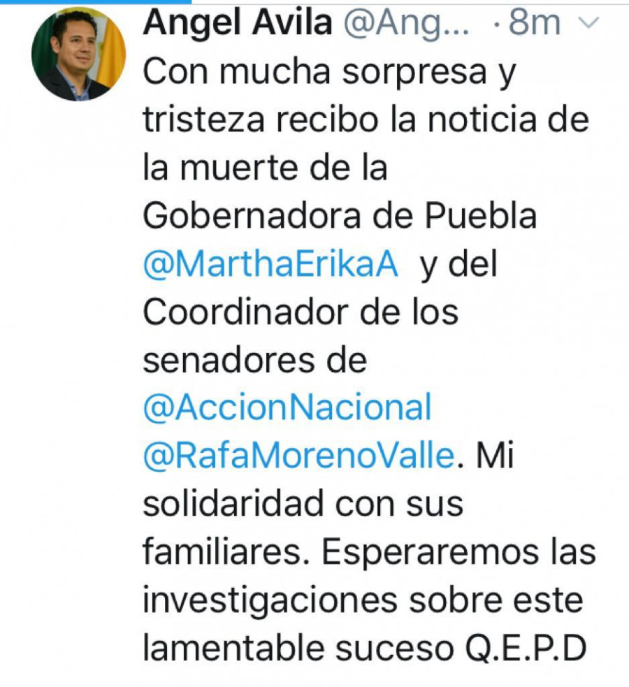 Políticos reaccionan ante fallecimiento de Martha Erika Alonso y Rafael Moreno Valle