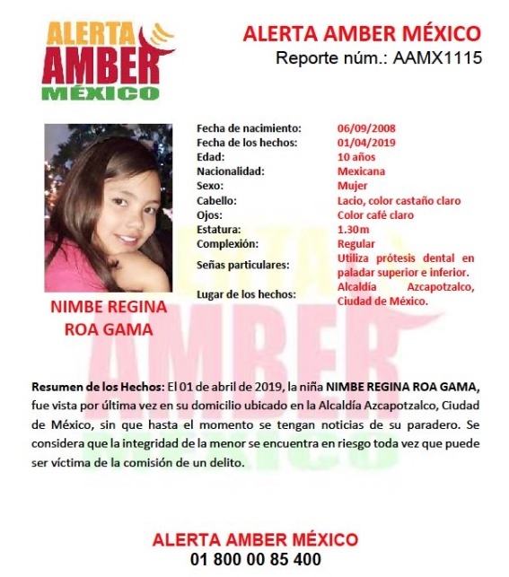 Activan Alerta Amber para localizar a niña desaparecida en Azcapotzalco