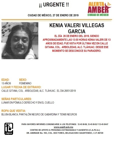 La PGJ-CDMX activa Alerta Amber para localizar a niña de 13 años
