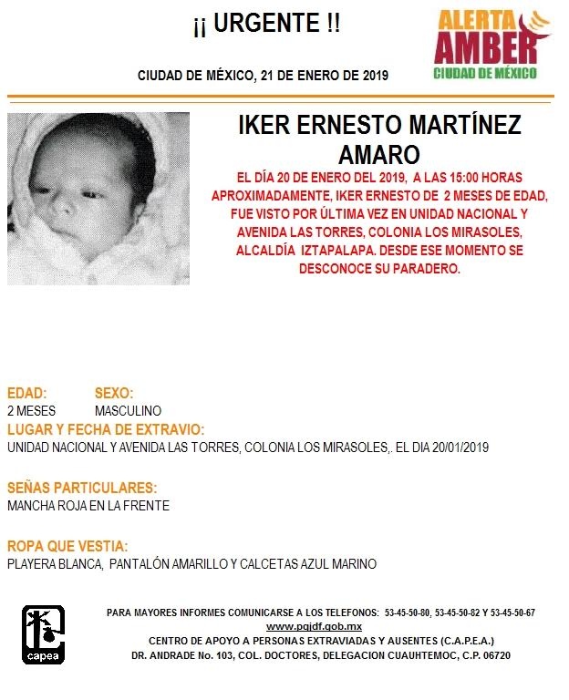 PGJ- CDMX activa Alerta Amber para localizar a Iker Ernesto Martínez de 2 meses, en Iztapalapa