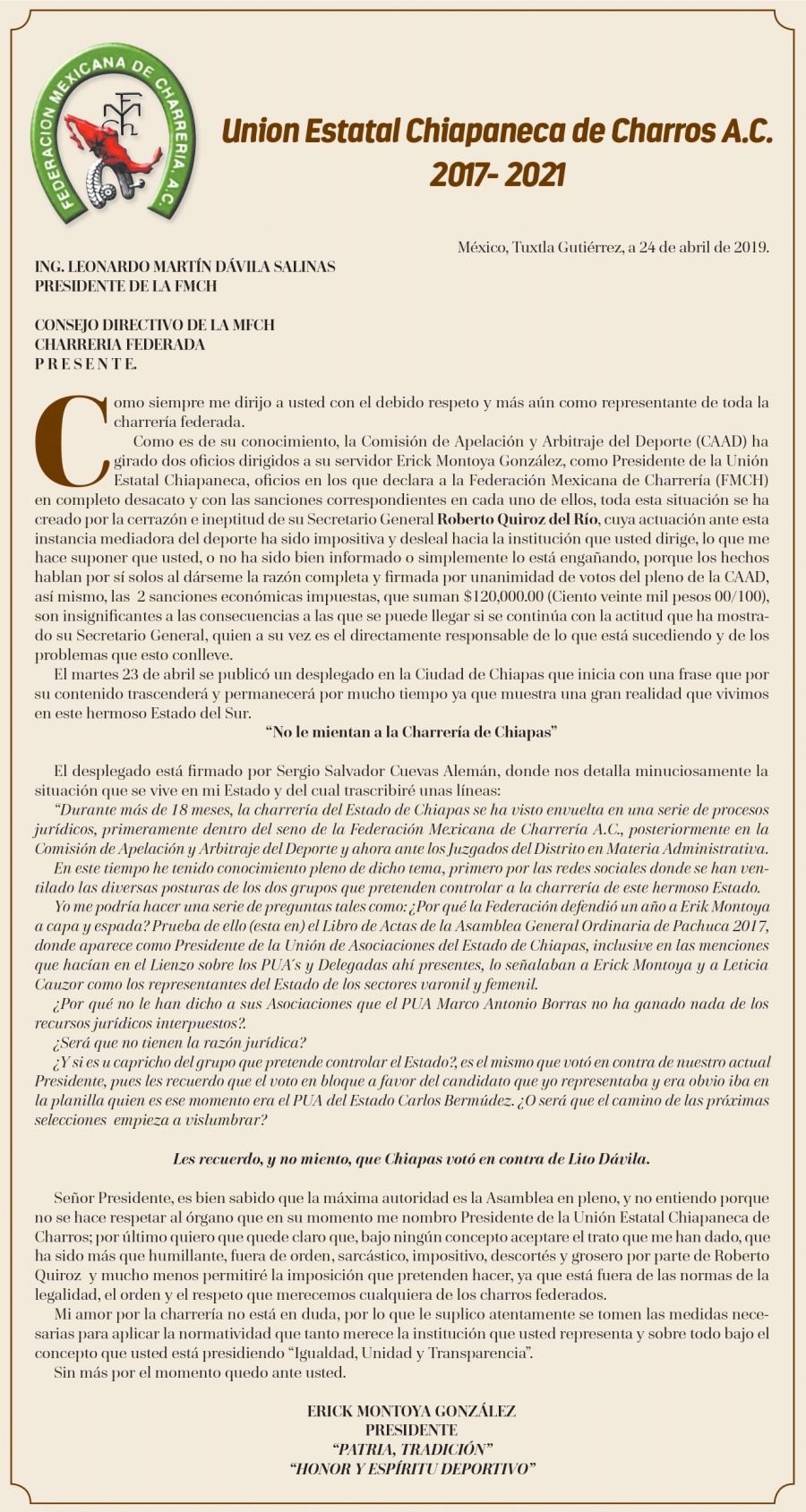Carta de la Unión Estatal Chiapaneca de Charros A.C.