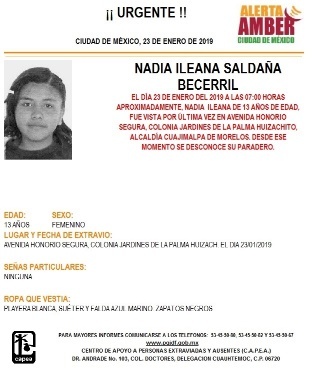 PGJ-CDMX, activa Alerta Amber para localizar a Nadia Lleana Saldaña, en la alcaldía Cuajimalpa de Morelos