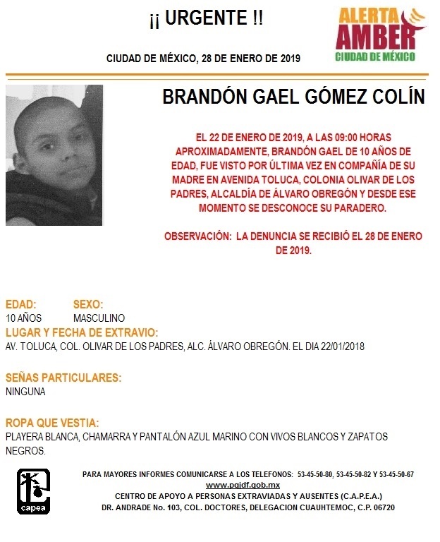 Se activa Alerta Amber para localizar a Brandón Gael Gómez, en la alcaldía Álvaro Obregón