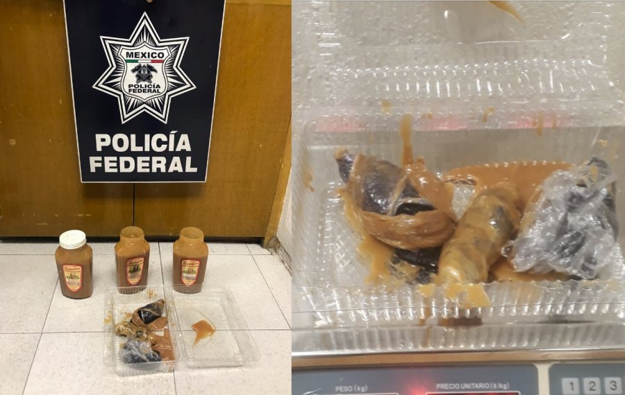 Policías Federales localizan metanfetamina oculta en frascos de cajeta en el AICM