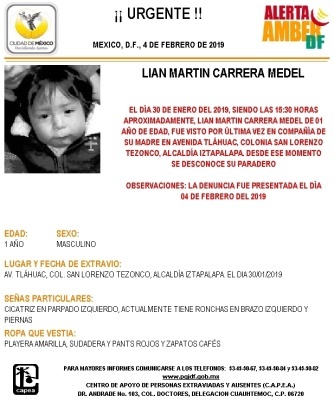 Activan Alerta Amber, para localizar a menor de edad extraviado en Iztapalapa