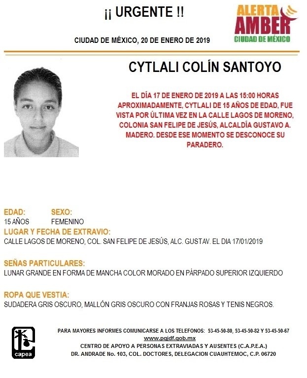 La PGJ-CDMX activa Alerta Amber para localizar a mujer de 15 años